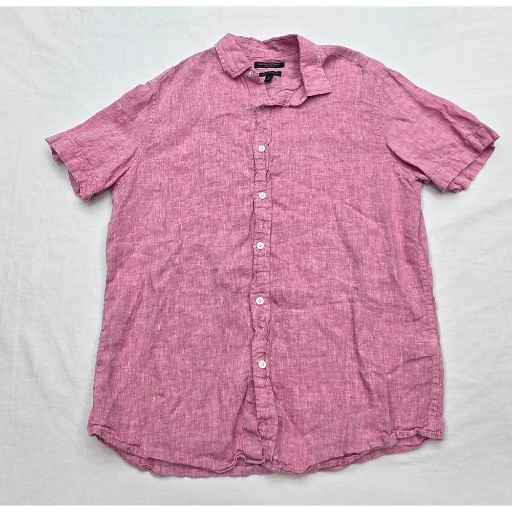 Banana Republic Mens Size M Pink Linen Short Sleeve Button Down Camden Shirt‎